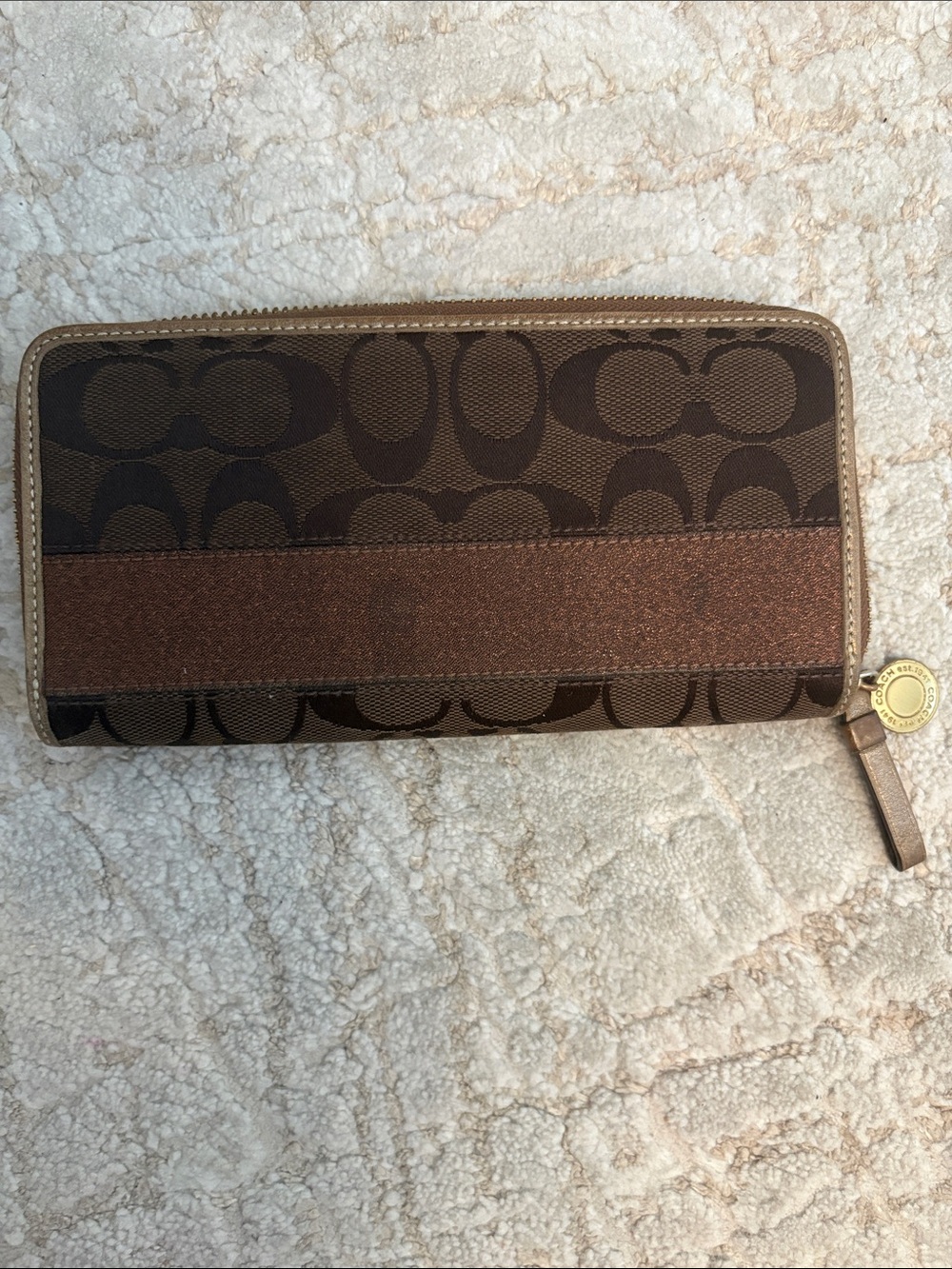 Coach Brown Signature Zip Wallet with Metallic Stripe